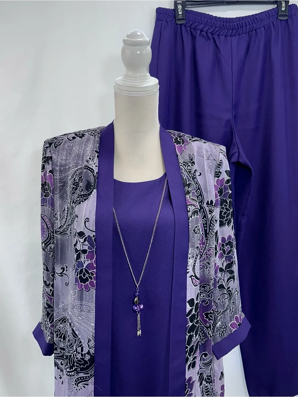 R&M Richards Purple Floral Sheer Overlay Top Set